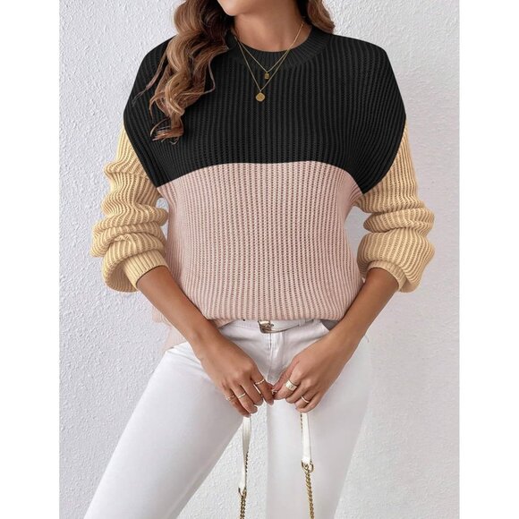 Women's Long Sleeve Ribbed Knit Pullover Multicolor Casual Sweaters Top - Picture 3 of 5